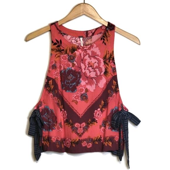 Free People Floral Scoop Neck Sleeveless Side Tie Pink Tank Top Size XS - Picture 2 of 16